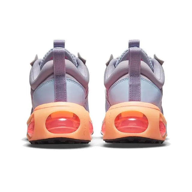 Nike Air Max 2021 heel view in lavender and gray with orange-red Air unit