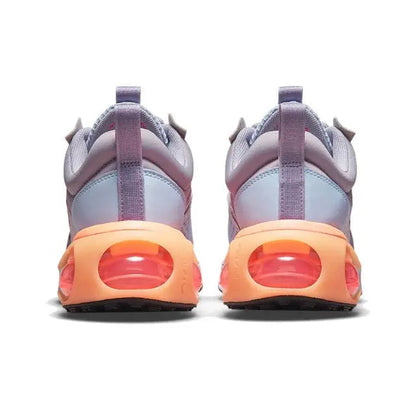 Nike Air Max 2021 heel view in lavender and gray with orange-red Air unit