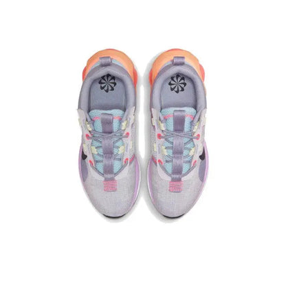 Nike Air Max 2021 shoes top view in lavender with lace panel and orange heel collar