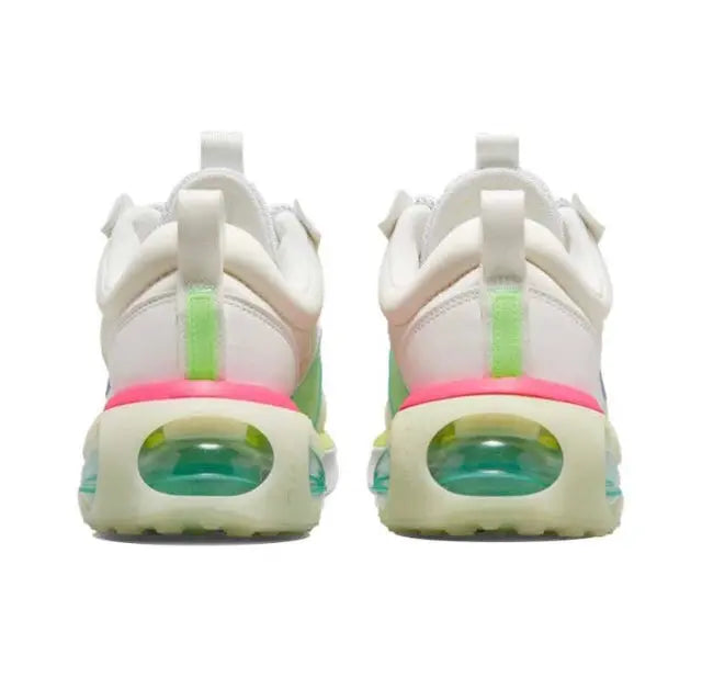 Nike Air Max 2021 running sneakers, heel view with neon green strap and pink midsole