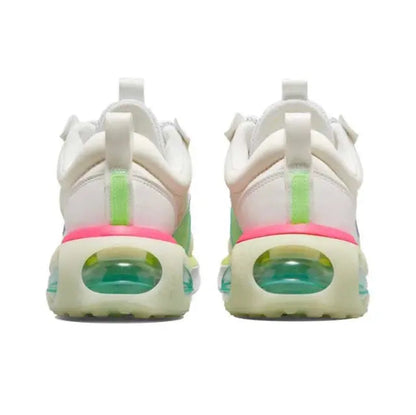 Nike Air Max 2021 running sneakers, heel view with neon green strap and pink midsole