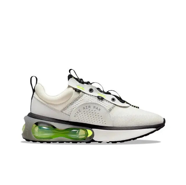 Nike running sneaker side view, off-white mesh with neon green Swoosh and black laces