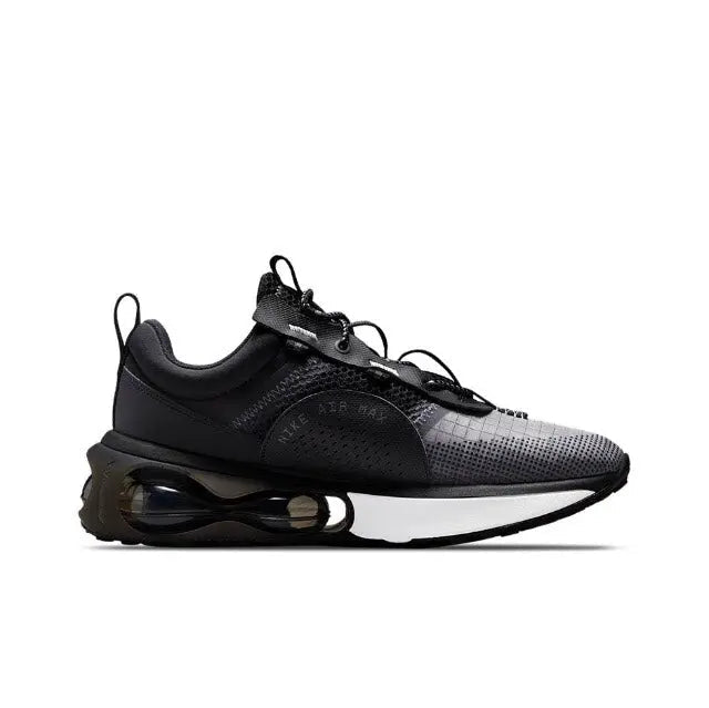 Air Max 2021 sneaker side view, black mesh with Nike swoosh, Air window