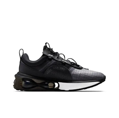 Air Max 2021 sneaker side view, black mesh with Nike swoosh, Air window