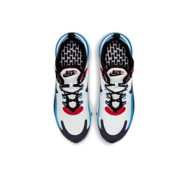 Air Max 270 React sneakers, white uppers with blue trim and red lace loops