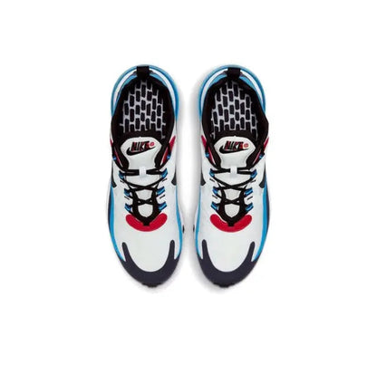 Air Max 270 React sneakers, white uppers with blue trim and red lace loops