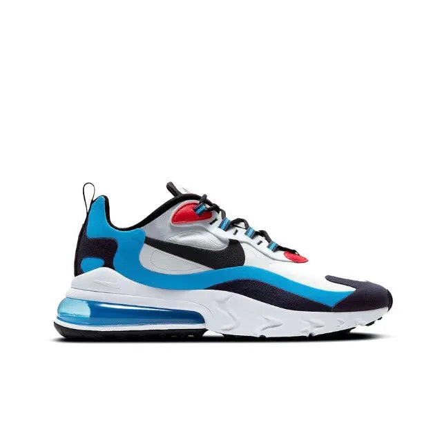 Air Max 270 React sneakers, blue side accents with red eyelets and air unit sole
