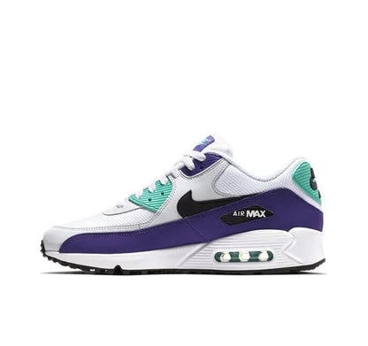 White, purple, and teal low-top sneaker with black swoosh and Air Max window