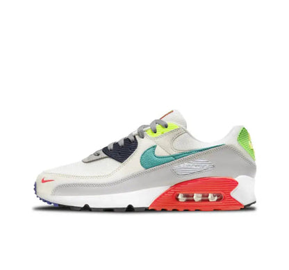 Air Max 90 sneakers with white/grey mesh, teal swoosh, red Air unit, neon green heel