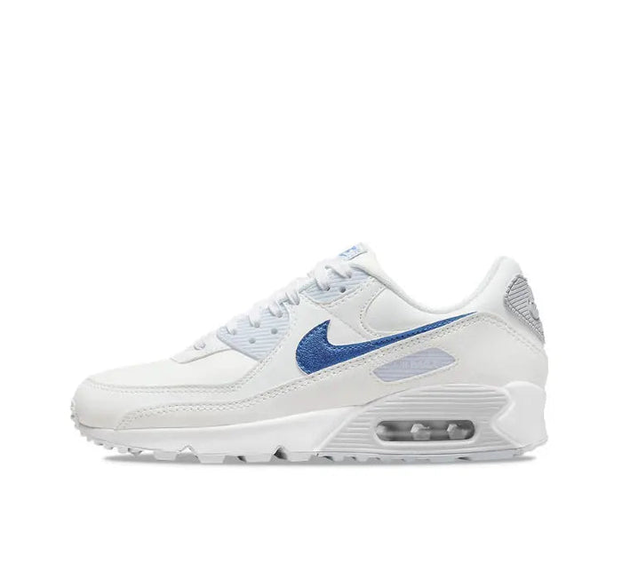 Nike Air Max 90 sneakers, white with blue swoosh and visible Air window