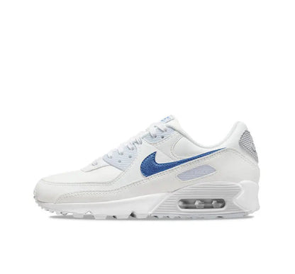 Nike Air Max 90 sneakers, white with blue swoosh and visible Air window