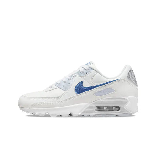 Nike Air Max 90 sneakers, white with blue swoosh and visible Air window