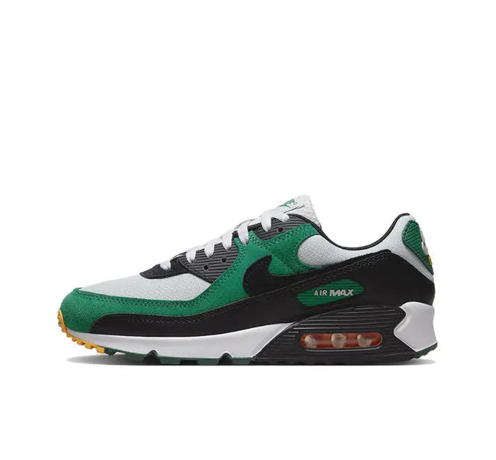 Nike Air Max 90 sneaker, white and green upper with black midsole and Air Max window