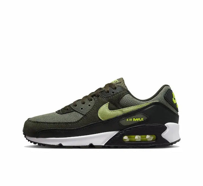 Nike Air Max 90 sneakers, olive with neon green swoosh and Air Max window