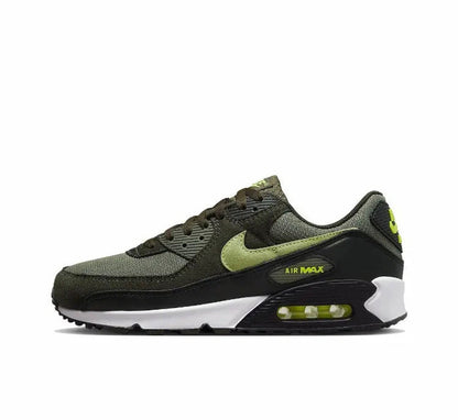 Nike Air Max 90 sneakers, olive with neon green swoosh and Air Max window