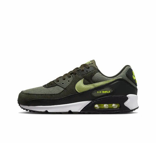 Nike Air Max 90 sneakers, olive with neon green swoosh and Air Max window