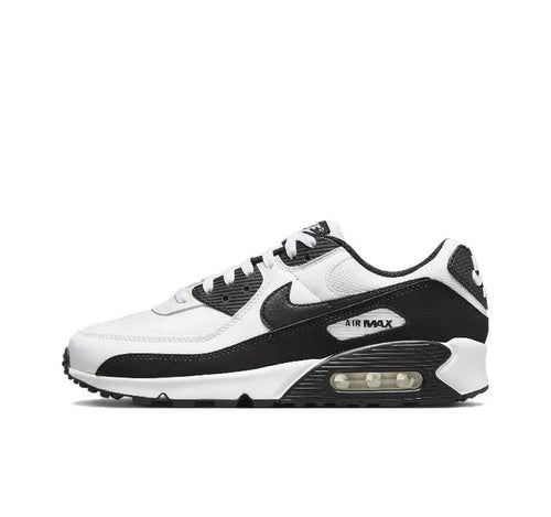 Nike Air Max 90 sneaker, white upper with black overlays and Air unit midsole