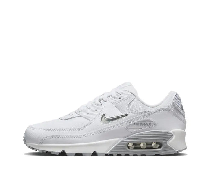 Nike Air Max 90 sneaker in white/grey, front side view with Air window