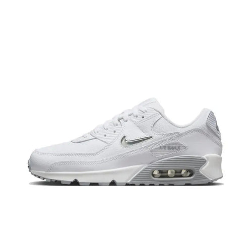Nike Air Max 90 sneaker in white/grey, front side view with Air window