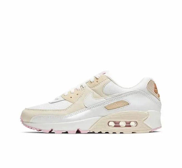 Nike Air Max 90 low-top sneakers, white with beige and pink accents, lace-up