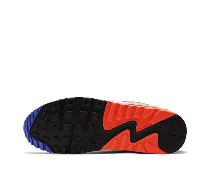Air Max 90 outsole with black tread, orange-red forefoot, blue heel accents