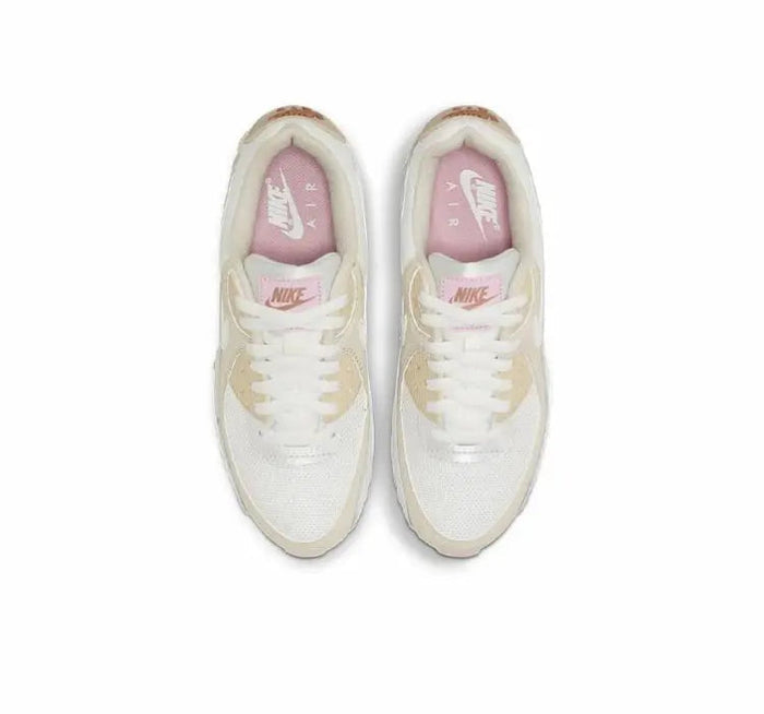 Nike Air Max 90 low-top sneakers pair, white uppers with pink lining, lace-up