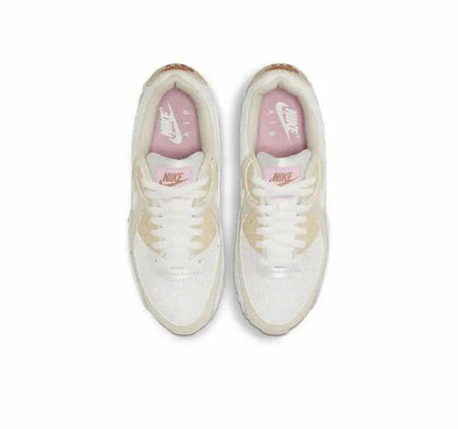 Nike Air Max 90 low-top sneakers pair, white uppers with pink lining, lace-up