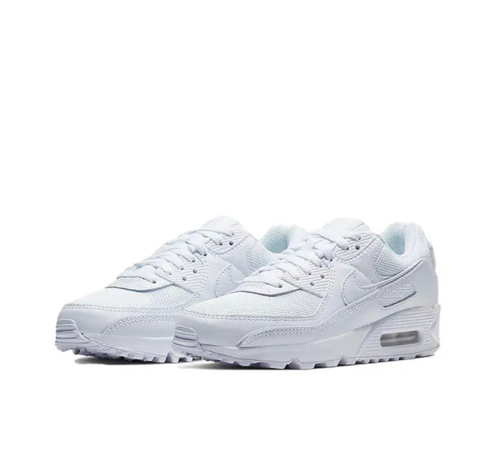 Air Max 90 sneakers, side view in white with gray swoosh and cushioned air window