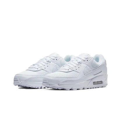 Air Max 90 sneakers, side view in white with gray swoosh and cushioned air window