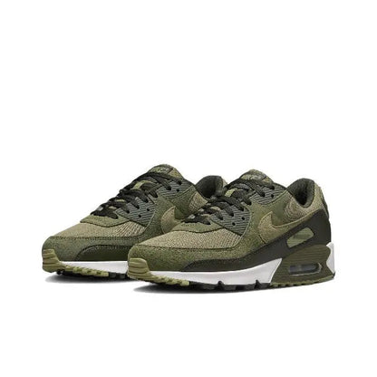Nike Air Max 90 sneakers side view, olive green upper with air cushioning