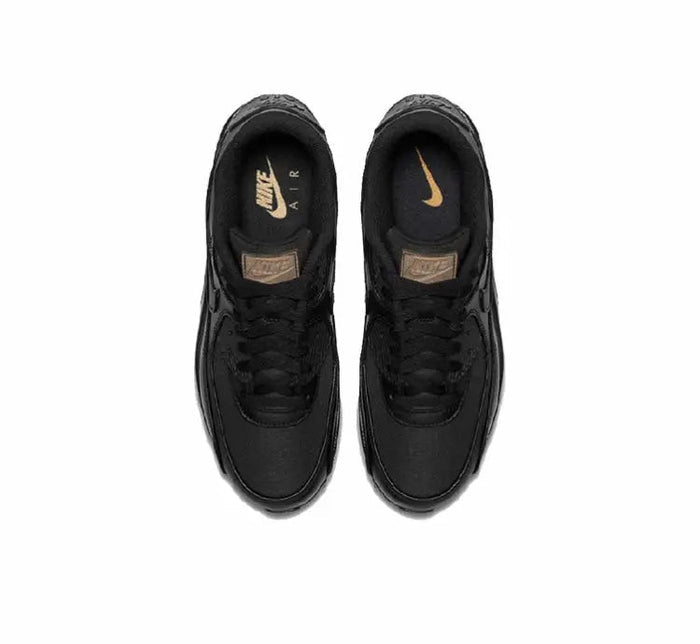 Black Nike Air Max 90 shoes, tongue and insole with gold swoosh accents