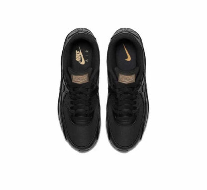 Black Nike Air Max 90 shoes, tongue and insole with gold swoosh accents