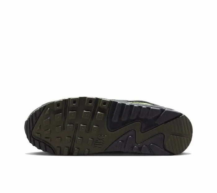 Nike Air Max 90 outsole view with tread pattern, dark olive and black