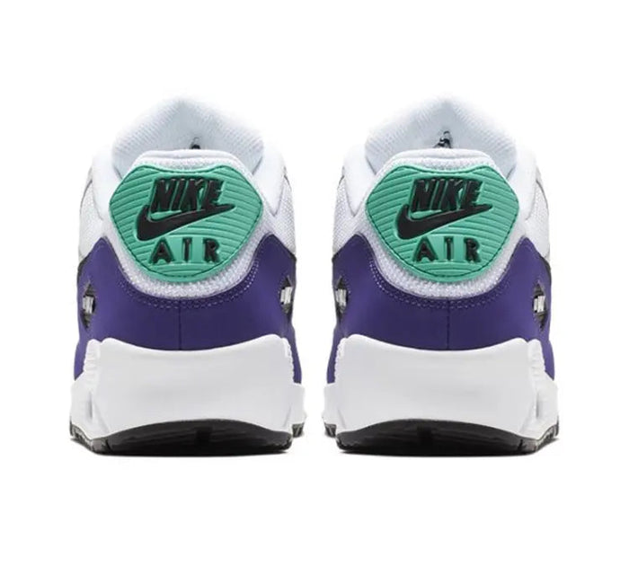 Back view white and purple low-top sneaker with teal heel panel and Air heel logo