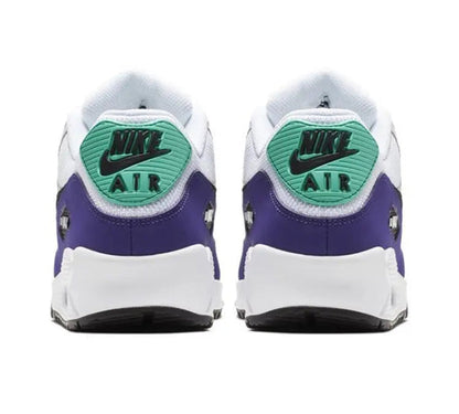 Back view white and purple low-top sneaker with teal heel panel and Air heel logo