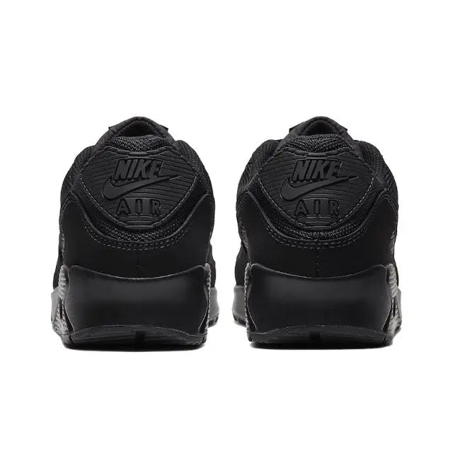 Air Max 90 shoes back view, dark black uppers with Nike Air heel logos