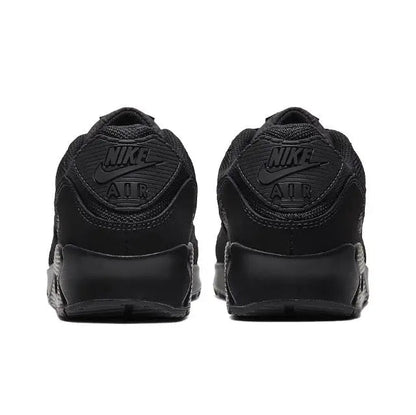 Air Max 90 shoes back view, dark black uppers with Nike Air heel logos