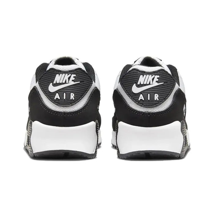 Air Max 90 sneaker heel view, black back tab with AIR logo and white midsole