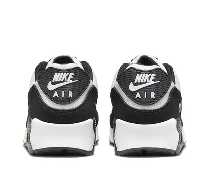 Air Max 90 sneaker heel view, black back tab with AIR logo and white midsole