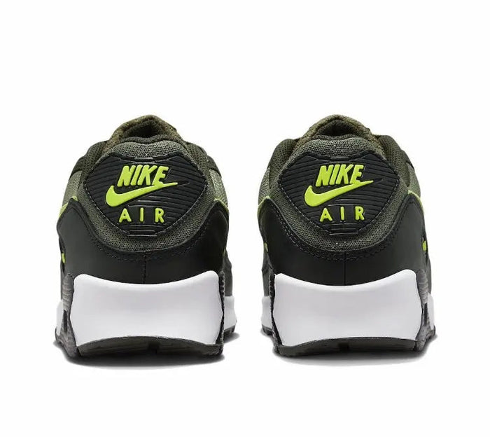 Nike Air Max 90 heel view with NIKE AIR text, olive panels and black collar