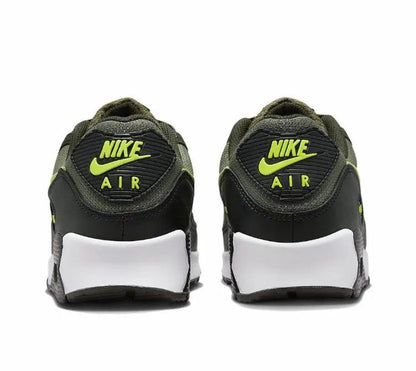 Nike Air Max 90 heel view with NIKE AIR text, olive panels and black collar