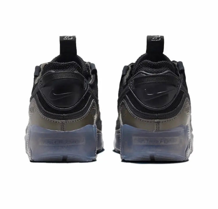 Nike Air Max 90 heel view in black with gray paneling and blue translucent midsole