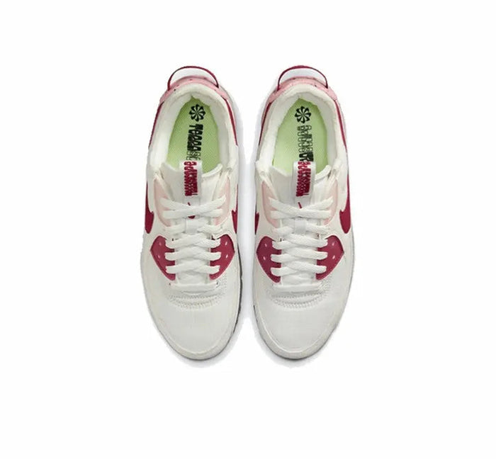 Nike Air Max 90 sneakers, white uppers with burgundy laces, top view
