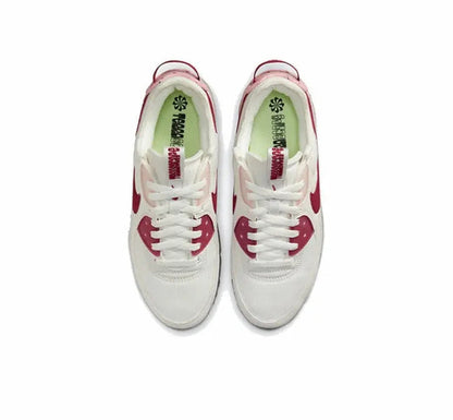 Nike Air Max 90 sneakers, white uppers with burgundy laces, top view
