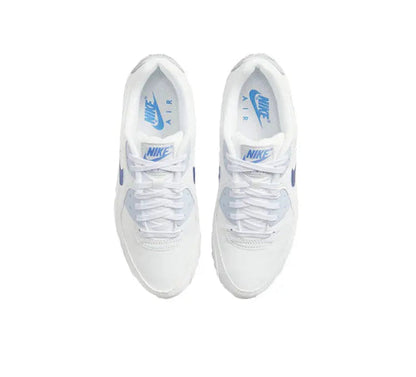 White low-top sneakers with blue tongue logo and lace-up system