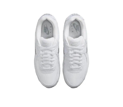 Nike Air Max 90 sneaker pair top view in white with lace eyelets