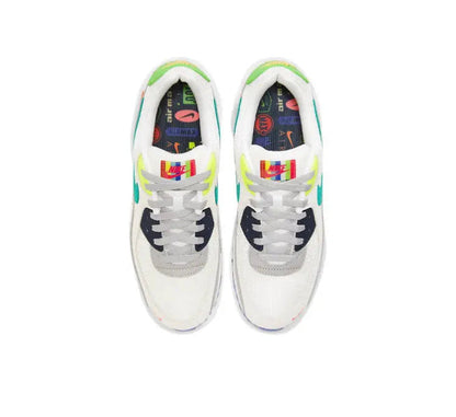 Air Max 90 sneakers, white uppers with navy laces and multicolor tongue logo