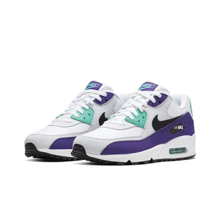 Side-by-side white, purple, and teal low-top sneakers with black swoosh and Air Max logo