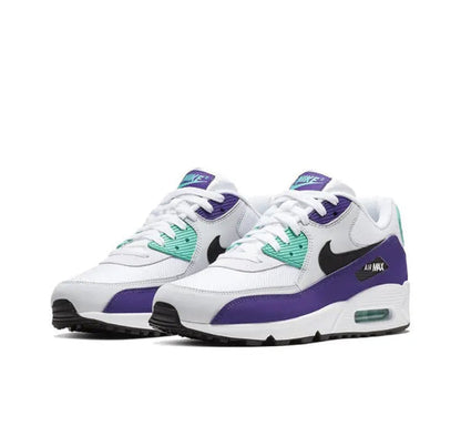 Side-by-side white, purple, and teal low-top sneakers with black swoosh and Air Max logo