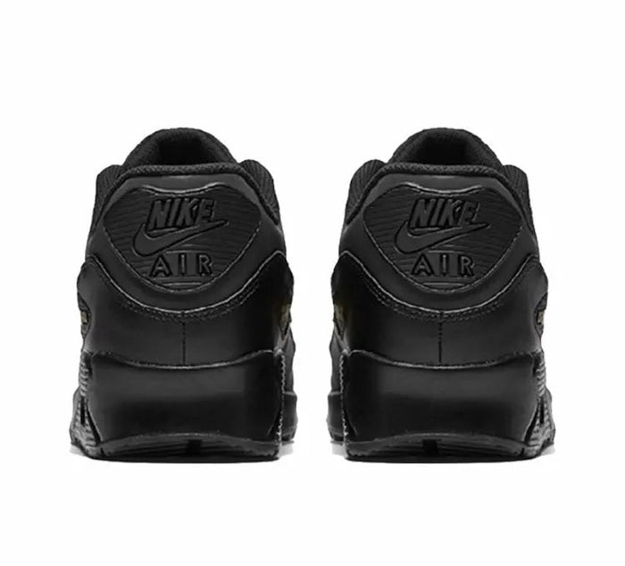 Black Air Max 90 sneakers, rear view with NIKE and AIR branding on heel